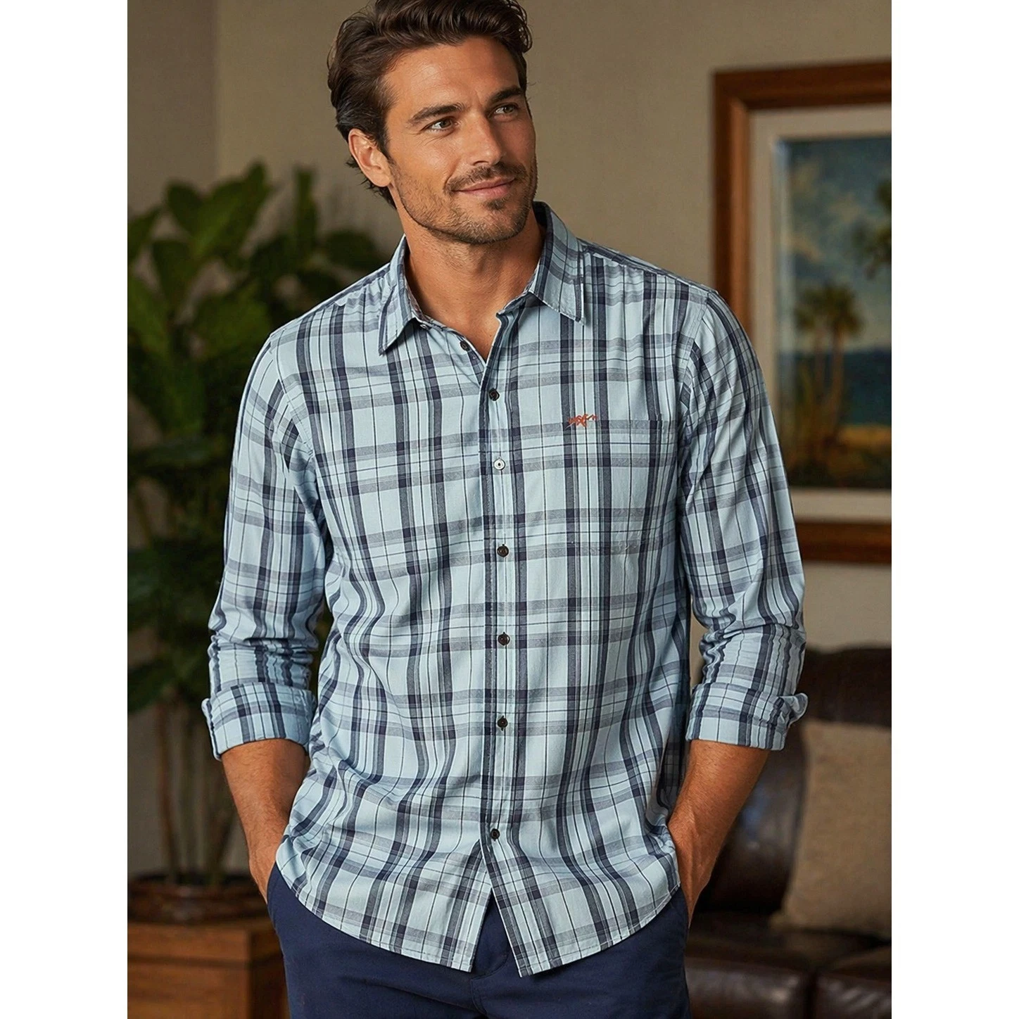 Tommy Bahama Mens XL Pima Cotton Plaid Button Down Shirt Blue Long Sleeve Marlin