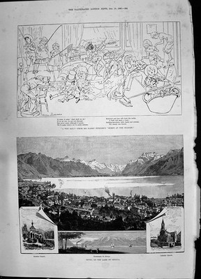 Alter Druck 1885 Vevey See Genf katholische Kirche russischer Nasstag Meer 19.
