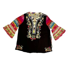 John Mark XL Embroidered Boho Peasant Top Tunic Blouse Multicolor Bell Sleeve