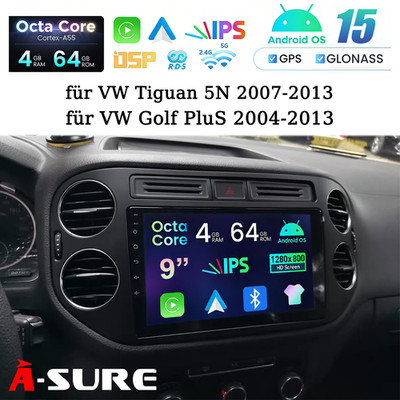 8-Core 4+64G Android 15 Autoradio Carplay FM GPS Navi für VW Tiguan 5N Golf Plus