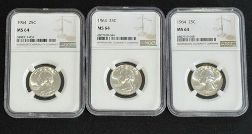 1964 Washington Silver Quarter 25c - NGC GRADED MS64- LOT OF THREE COINS