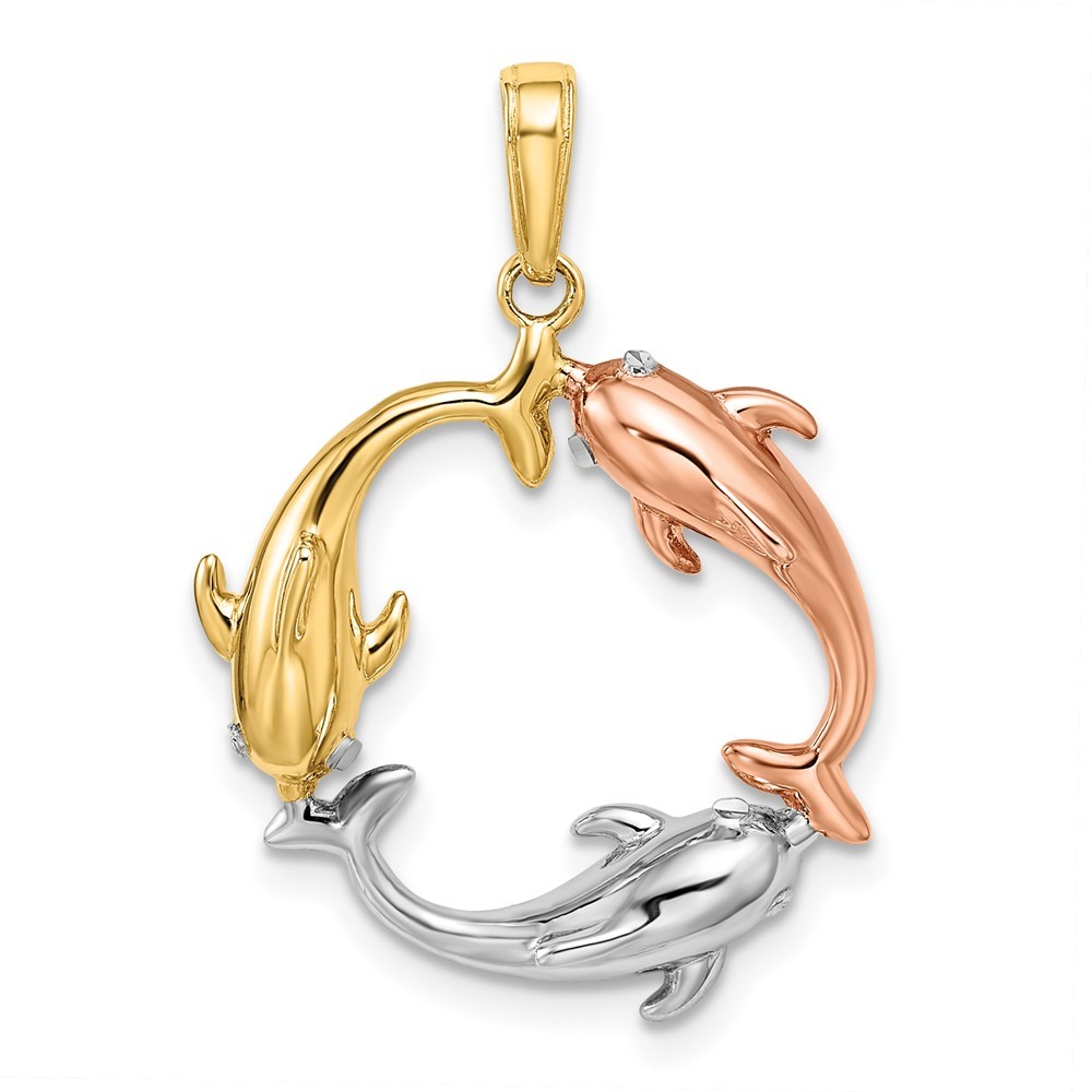 14k Tri-Color Gold Triple Dolphin Circle Pendant 1.98gm L-1.15 Inch, W-0.81 Inch