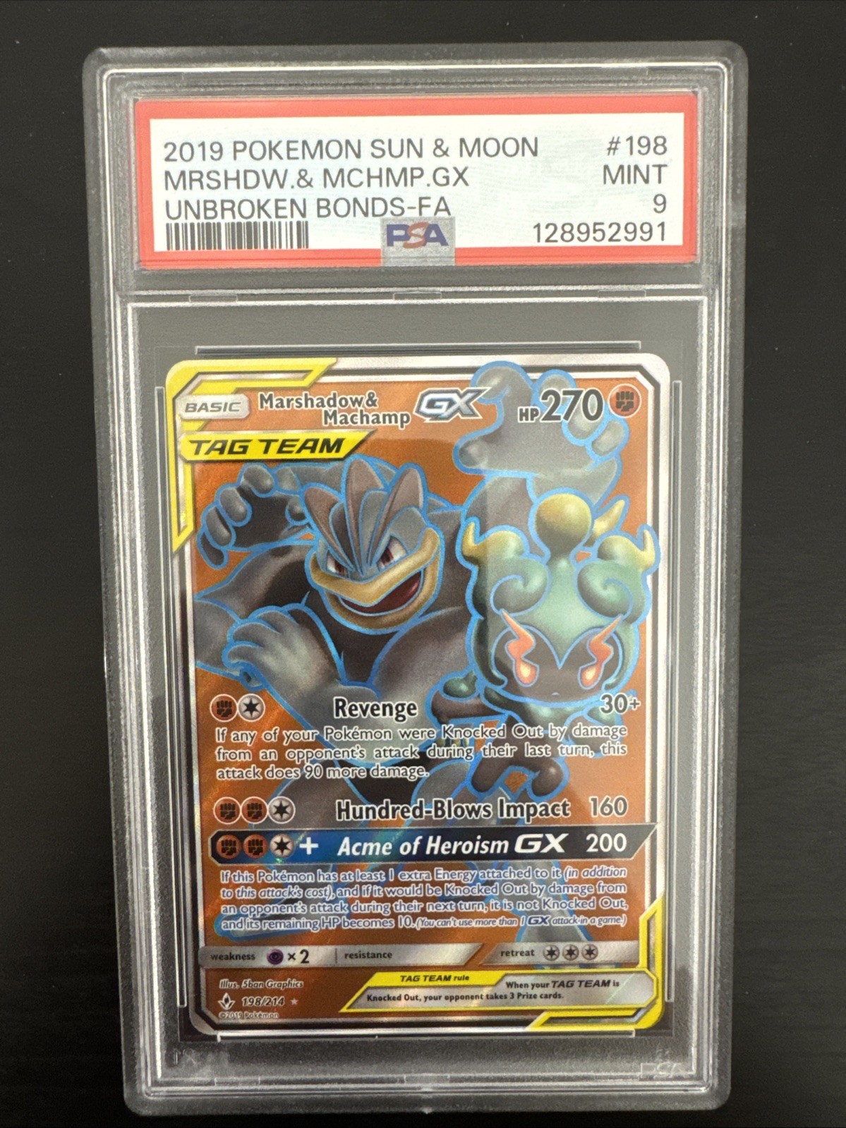 Pokemon Marshadow & Machamp GX Full Art Holo Card 198/214 Sm-Unbroken Bonds PSA9
