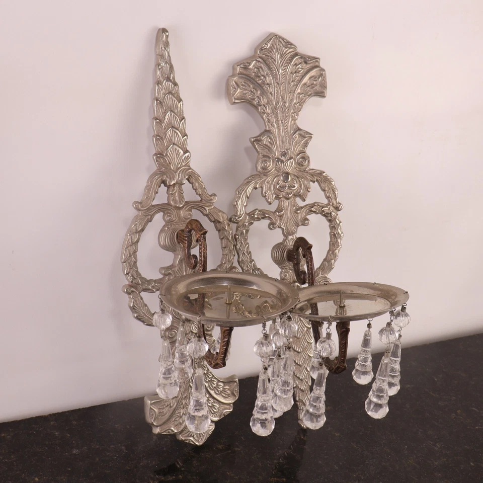 Antique Pair of Silver Plated Candelabra Single Candle Wall Sconce Pendants - Image 3 of 4