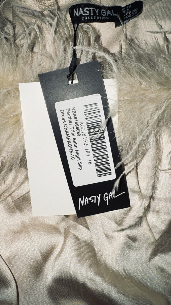 Nasty Gal Feather Trim Champagne Satin Nighty Slip Dress UK 10 US 6 NWT