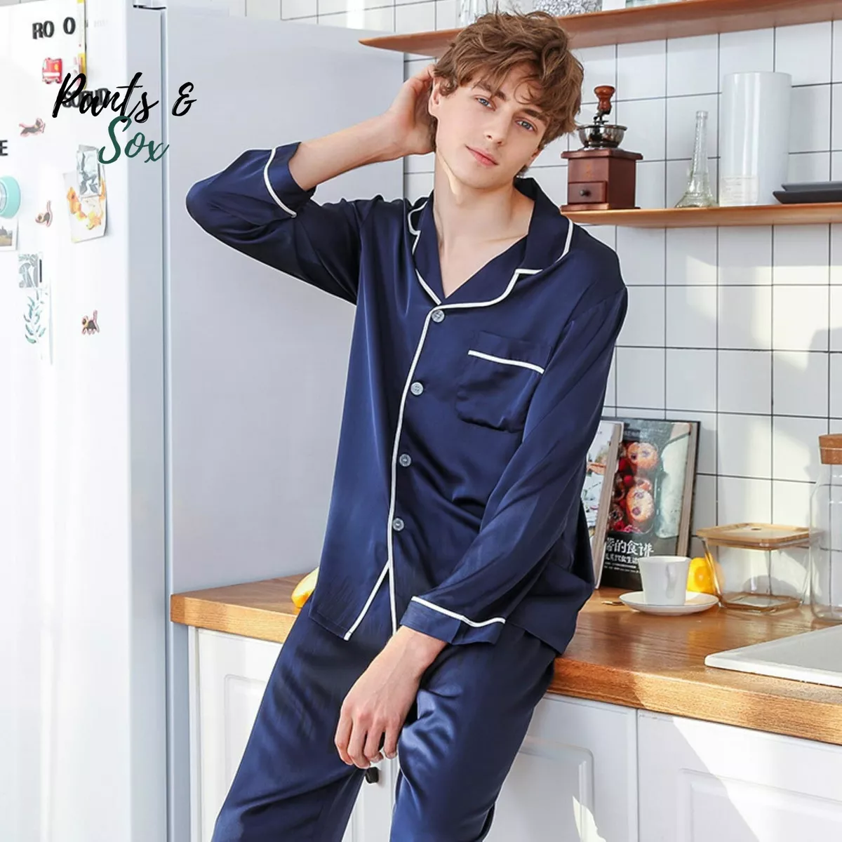 Couple Men Women Silk Satin Pajamas Sets Long Sleeve Blue Sleepwear  Nightwear