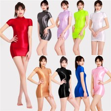 Women Silky Oiled Shiny Bodycon Dress Slim Elastic Semi Sheer Clubwear Sexy