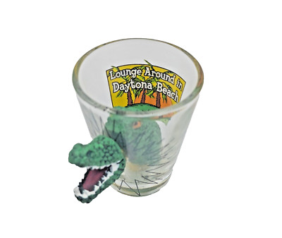 Lounge Around In Daytona Beach Shot Glass 3D Crocodile Croc Palm Trees Reverse