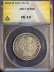 1907-D 50c Silver Barber Half-dollar VG 10 New ANACS # 7472025 + Bonus