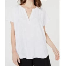 Alfani Women Petite PM Bright White Split Neck Textured Blouse Top PREOWNED BP37