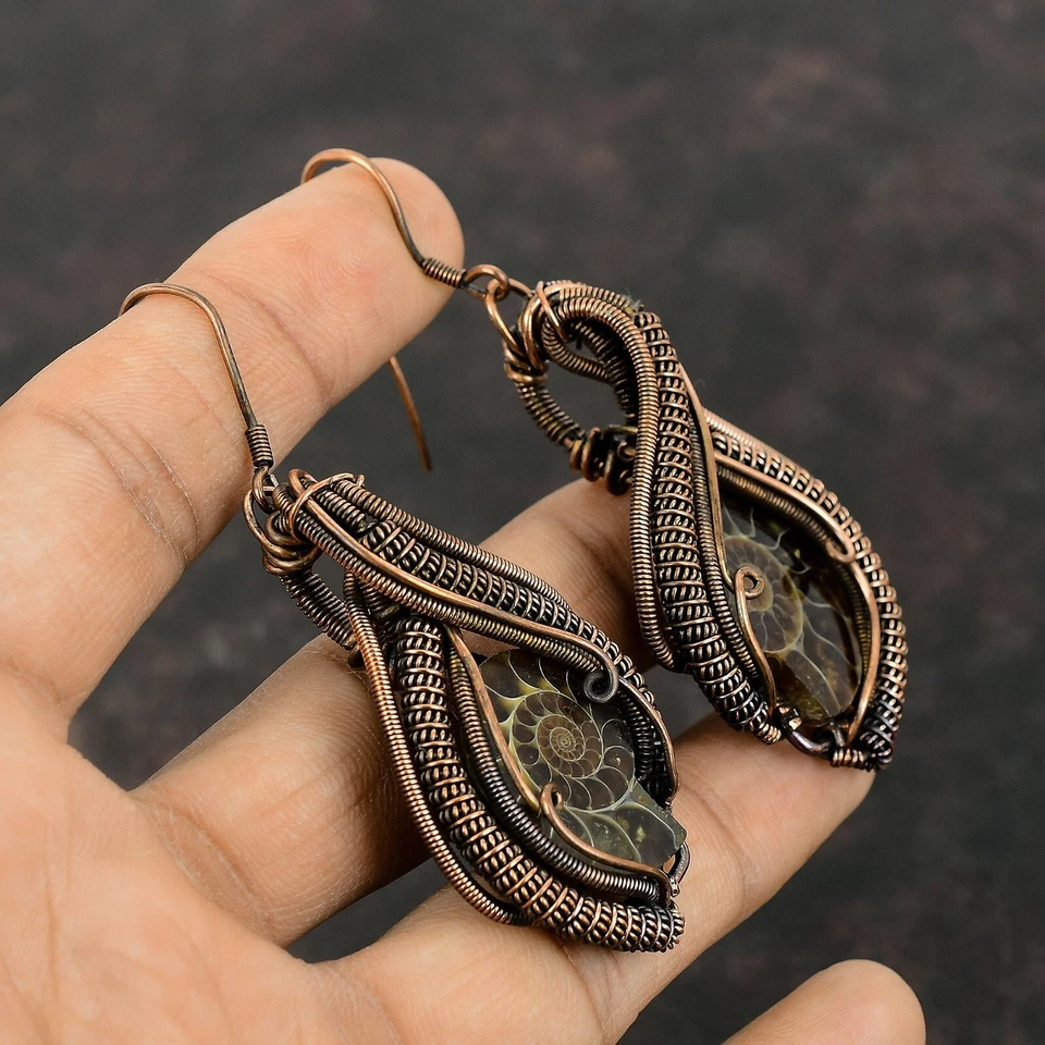 Regalo Para Ella Amonita Fósil Alambre Envuelto Pendientes Cobre Joyería 3.11" Foto 4 de 4