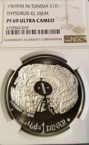 1969 TUNISIA SILVER 1 DINAR THYSDRUS EL DJEM NGC PF 69 ULTRA CAMEO TOP POP