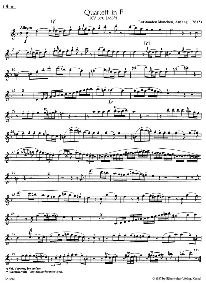 Quartet in F maj K. 370 for Oboe, Violin, Viola and Violoncello   Mozart Urtext - Image 2 of 3