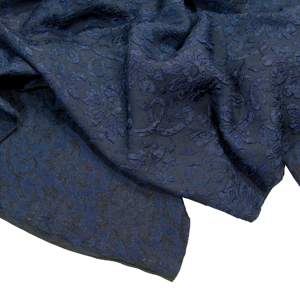 1998 Vintage Dark Blue Raised Floral Brocade Jacquard Fabric Polyester Material - Image 3 of 4