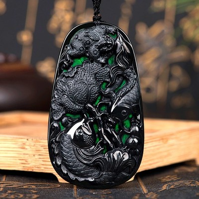 Chinese Natural Emerald Black Jadeite Fish  年年有余  Black Jade Pendant Necklace