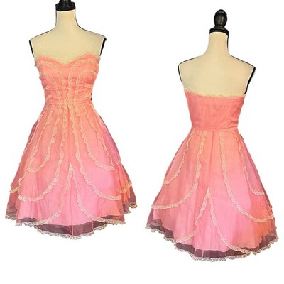 Vintage Y2K Betsey Johnson Evening Pink Sheer Mesh Lace Cupcake Tea Party Dress