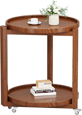 Mobile 2-Tier Wooden Rolling Side Table with Storage Shelf - Walnut Finish