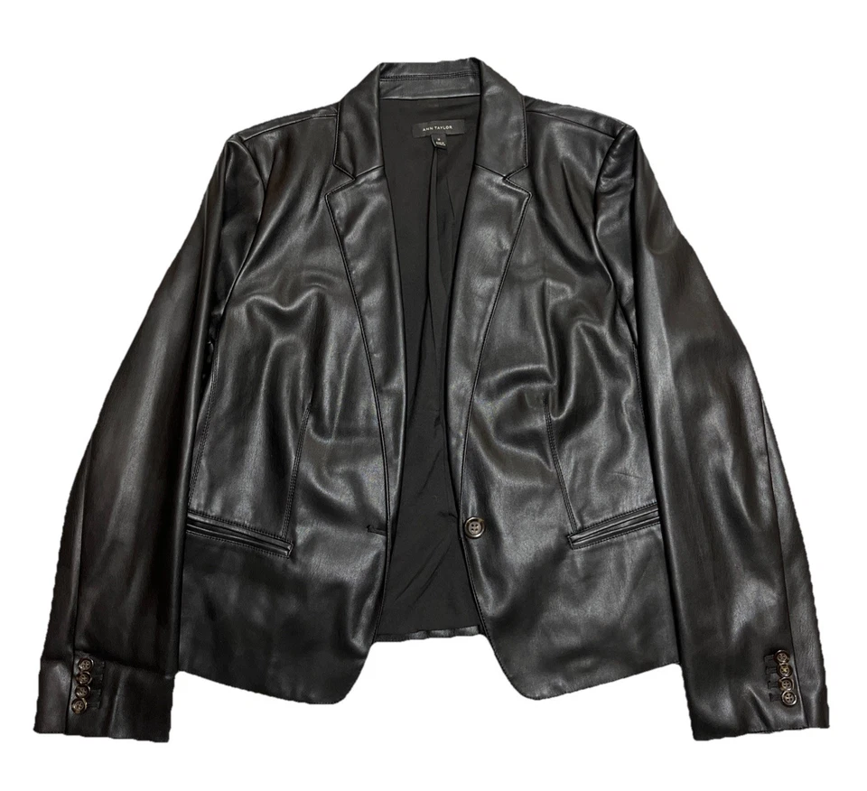 Chaqueta Blazer Ann Taylor Factory Negra Imitación Cuero Manga Larga Talla 14 Foto 2 de 4