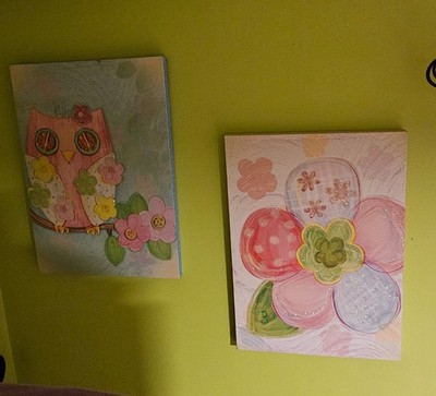 Hobby Lobby Canvases Owl and Flower Girl Room Decor Green Pink Blue Sparkles