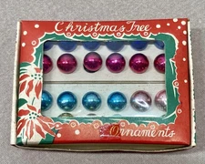 Vtg 10mm Mini Mercury Glass Xmas Feather Tree Ornament Set of 24 in Box Blue Red