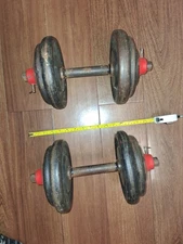 Vintage 1" York Barbell adjustable dumbbell pair with handles and collars