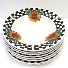 8 SUNNY by Tabletops Unlimited, Soup Bowls, 9” Sunflowers Checkered Rim 2061