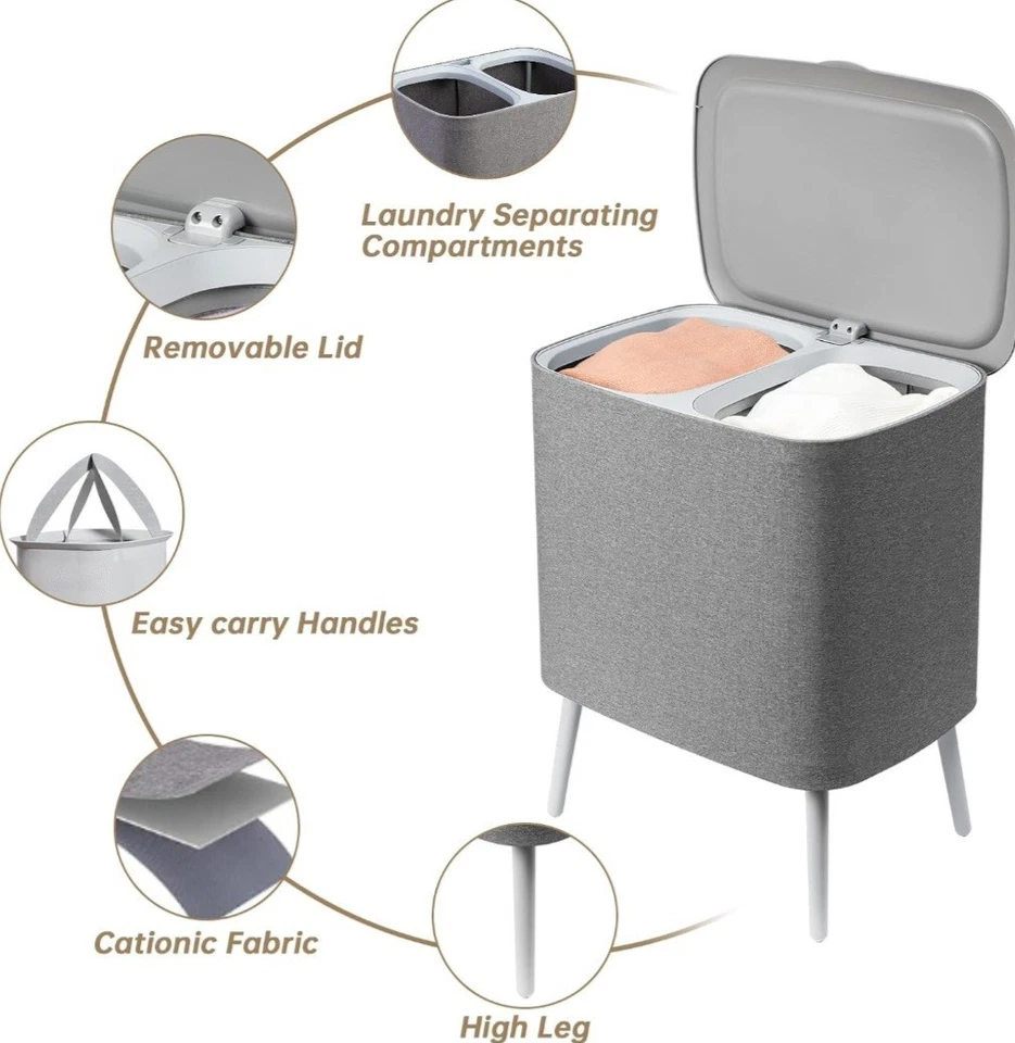 Double Laundry Hamper 2 Partition Laundry Bag With Handle Tall Laundry Hamper - Image 2 of 4