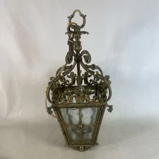 Antique Hardwired French Louis XV Hanging Lantern Putti Shell Bronze Brass