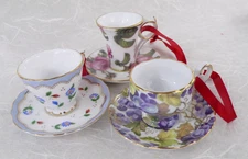 NEW SET OF 3 REUTTER PORZELLAN MINI PORCELAIN FLORAL TEACUP CHRISTMAS ORNAMENTS