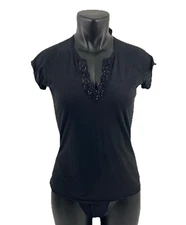 Jordache Small Black Top Beaded Sequins Y V neck Slub knit Short sleeve Juniors