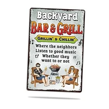 Bar & Grill Metal Sign – Rustic Backyard Wall Art for Porch, Patio, Deck or 4