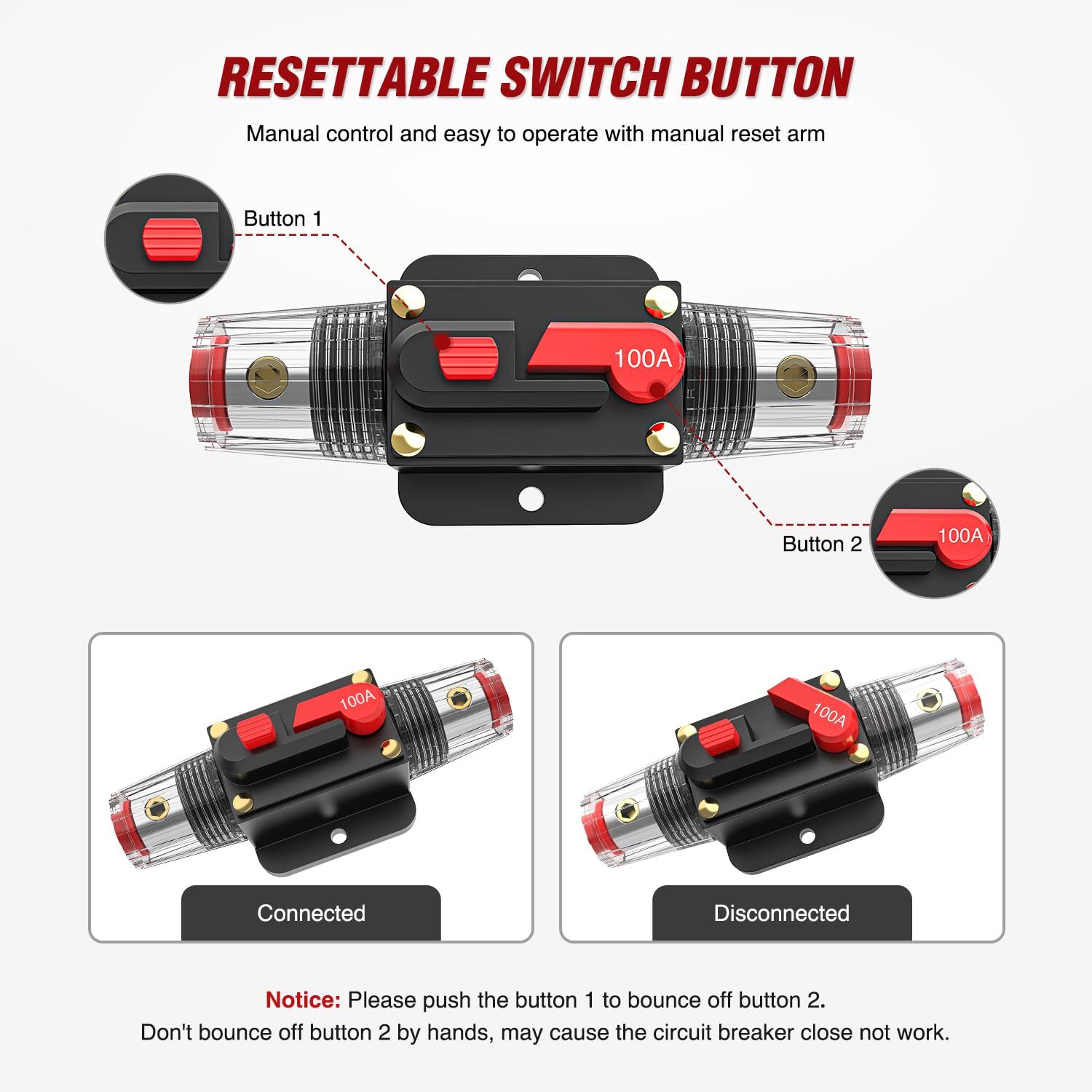 100AMP Inline Circuit Breaker Resettable 12-24V DC Manual Reset Fuse Holder