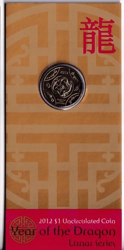 AUSTRALIAN:  2012 $1 LUNAR SERIES YEAR OF THE DRAGON COIN ON CARD #M1039