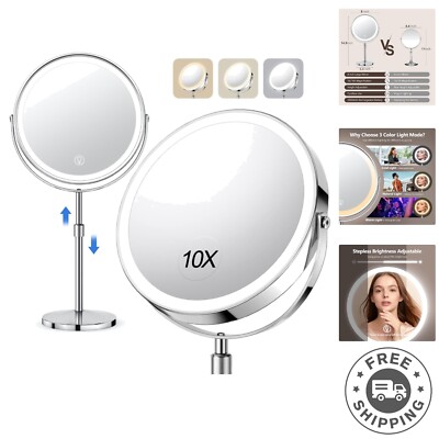 Cordless Rechargeable Makeup Mirror with 10x Magnification & Three Light Colors