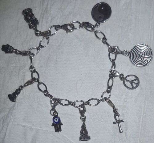 Sterling Silver Charm Bracelet with 9 Sterling Silver Charms  - Picture 1 of 4