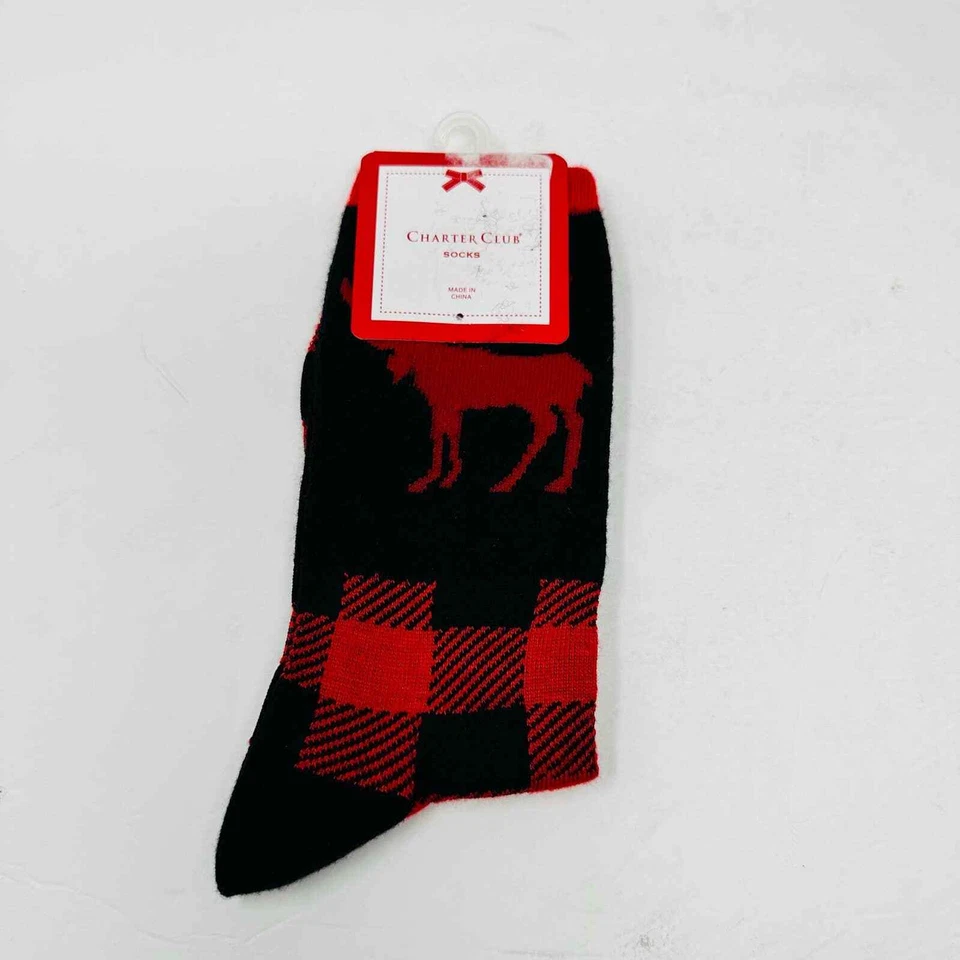 Nuevos calcetines Charter Club Womans Holiday negros rojos ciervos talla 9-11 nuevos con etiquetas Foto 2 de 4