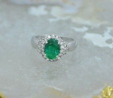Superb 14K WG Oval Emerald Faceted and Diamond Halo Ring Size 7 Circa 1990