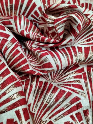 Metallic RED Brocade Fabric Sold By The Yard Geometric On Beige Background  - Picture 1 of 11