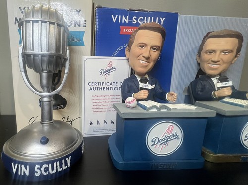 Dodgers Vin Scully Bobblehead Set Microphone Talking W/ Certificate Limited - Picture 3 of 16