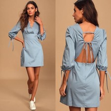 Lulus Womens Dream About Me Backless Mini Dress Sz XL Puff Slve Dusty Blue NWT