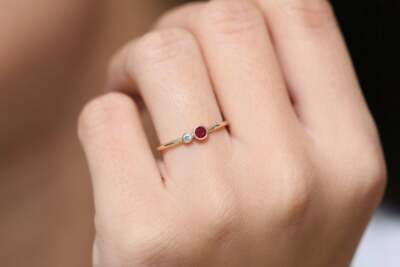 Round Cut Ruby Gold Ring Red 0.15ct 14K 585s 1 Diamond 0.03ct Brilliant VS