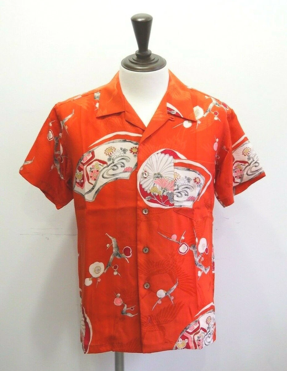 The only Aloha Hawaiian shirt Antique Japanese Kimono remake(Silk,Orange,S) kiwa