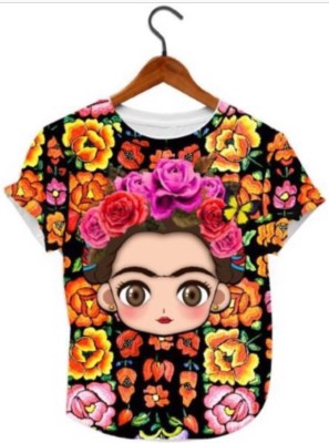 Frida Kahlo Cartoon T-Shirt (black floral)