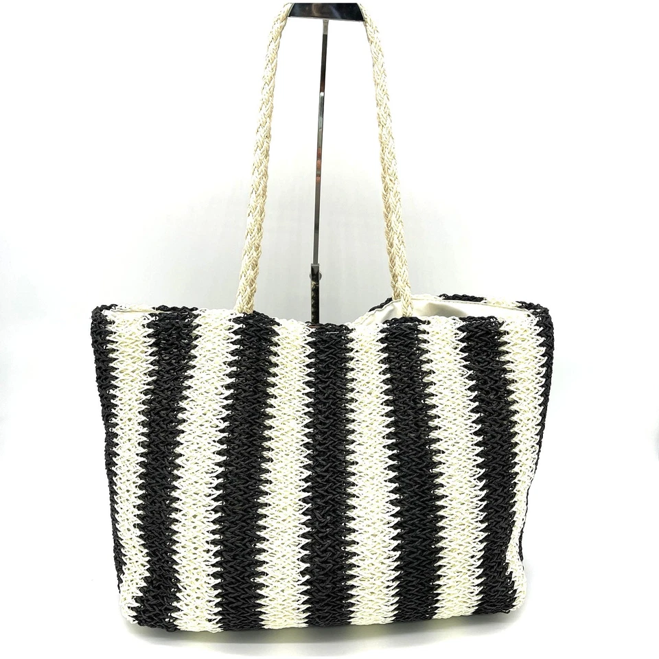 Сумка-тоут Bueno большая тканая соломенная черная кремовая пляжная богемная для путешествий летнего фестиваля - Изображение 2 из 4