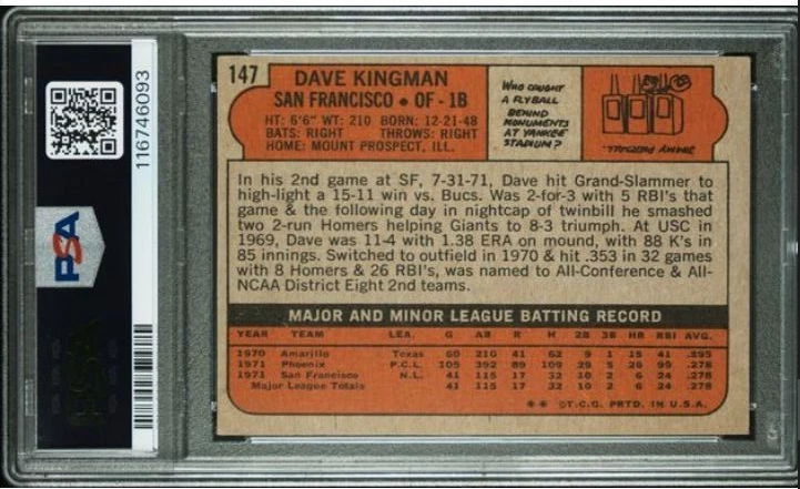 1972 Topps Dave Kingman Rookie Signed Baseball Card PSA 2 DNA 10 Auto Certified - Image 3 of 4