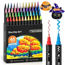 48 Colors Dual Tip Acrylic Paint Markers, Brush Tip and Fine Tip Acrylic Pain...
