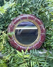 Venetian -Style  Round Red Glass/ Black Ground/Gold Trim Mosaic Wall MIRROR 15"