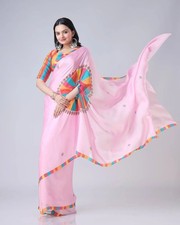 Women Pink Free Hand Mandala Art Print Satin Silk Saree with Unstitched Blouse