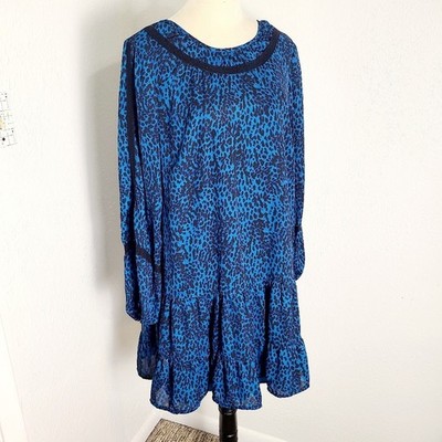 Time & Tru Blue & Black Leopard Print Dress, Black Embroidered Accents Sz Large