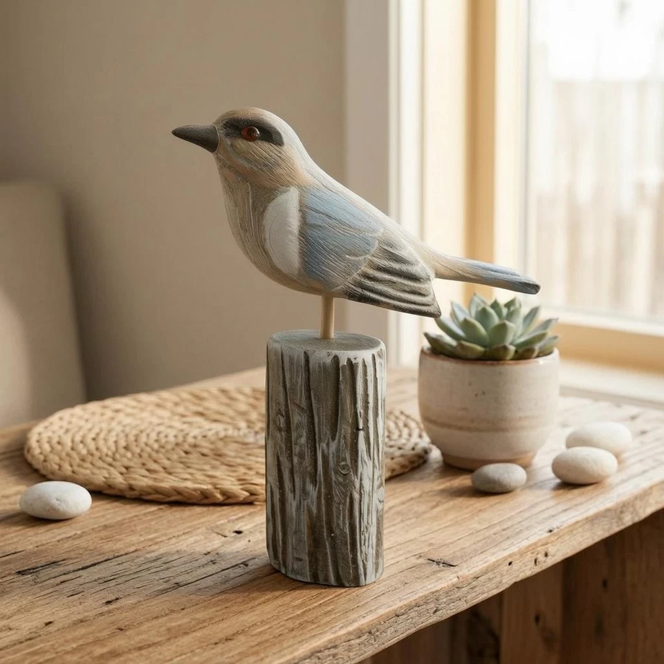 Oiseau sur Socle En Rondin Texture Sculptée Sculpture D'oiseau En Bois - Photo 2/4